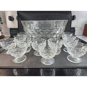 Indiana Glass Whitehall Clear Punch Bowl Set w/ 12 Cups Cube Pattern Vtg Cubist